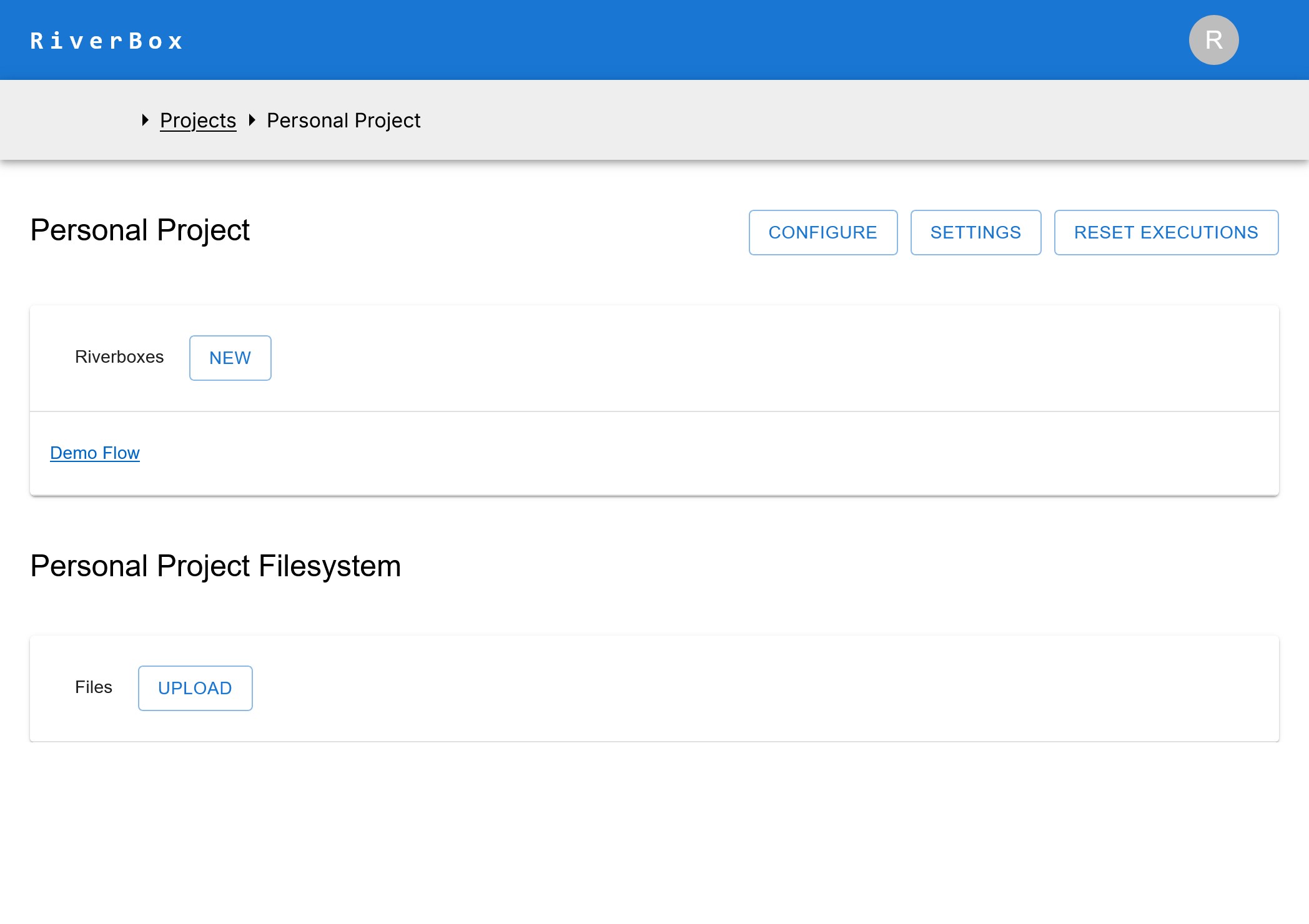 Project Page with one Riverbox and empty filesystem